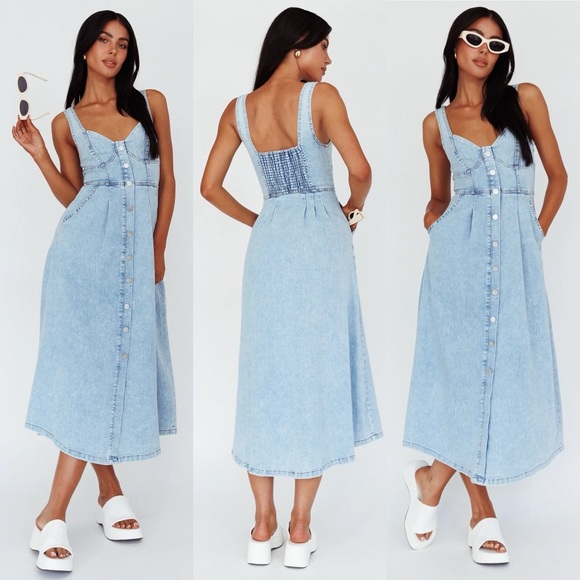 Selfie Leslie Indikah Pixie Dust Button Front Denim Blue Midi Dress - Picture 1 of 10